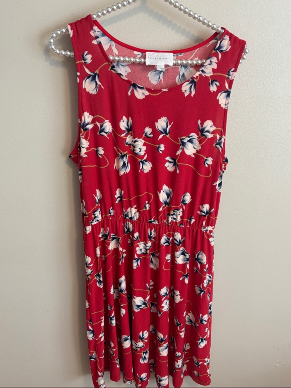 French Grey Red Floral Elastic-Waist Sleeveless Dress size large